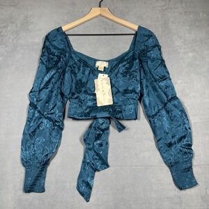 BOG Band of the Free Top Womens XS Deep Teal Long Sleeve Jacquard Tie Waist Boho